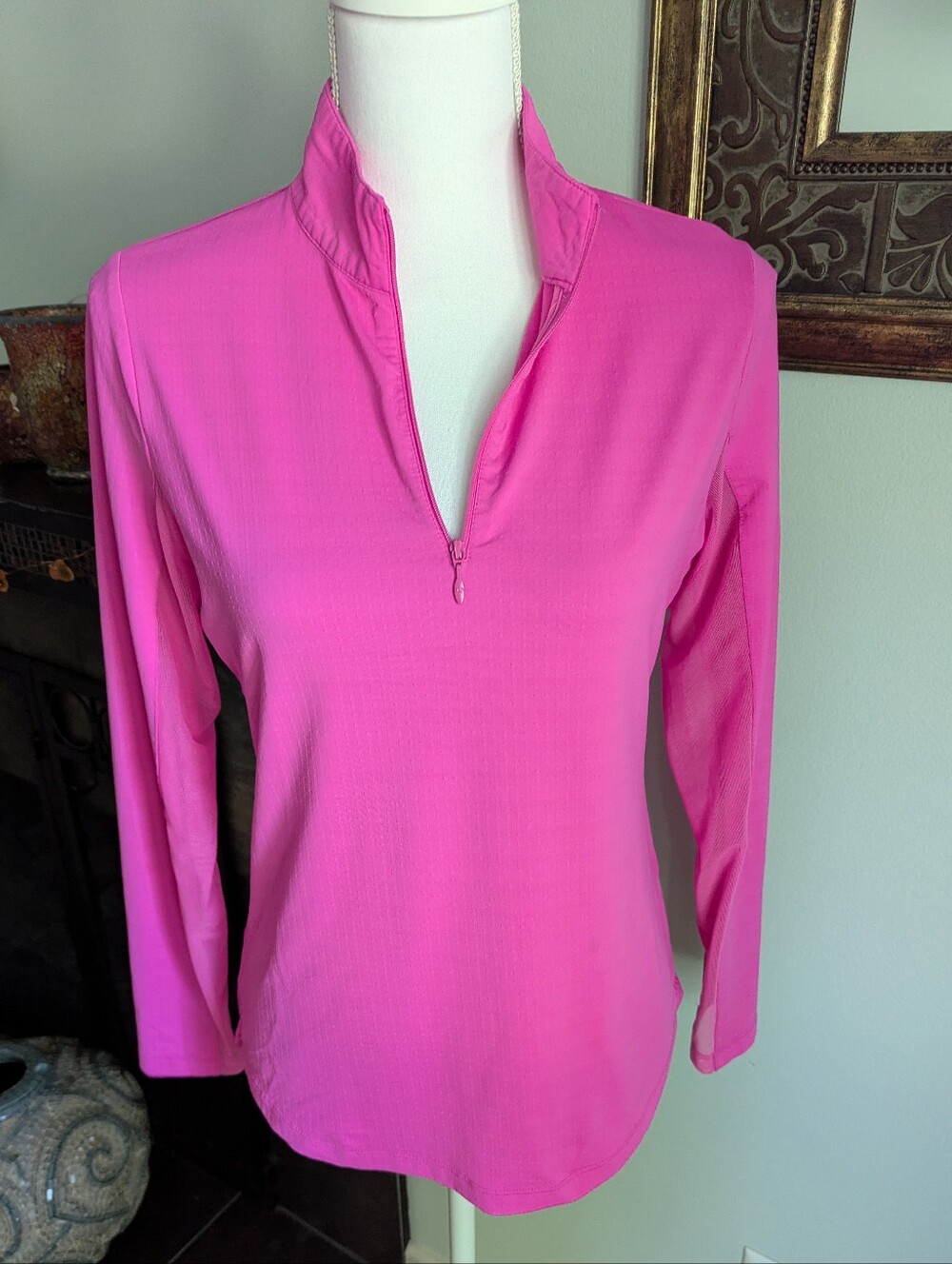 IBKUL Women's Small Quarter Zip Mock Neck Long Sleeve Mesh Panel Top Hot Pink